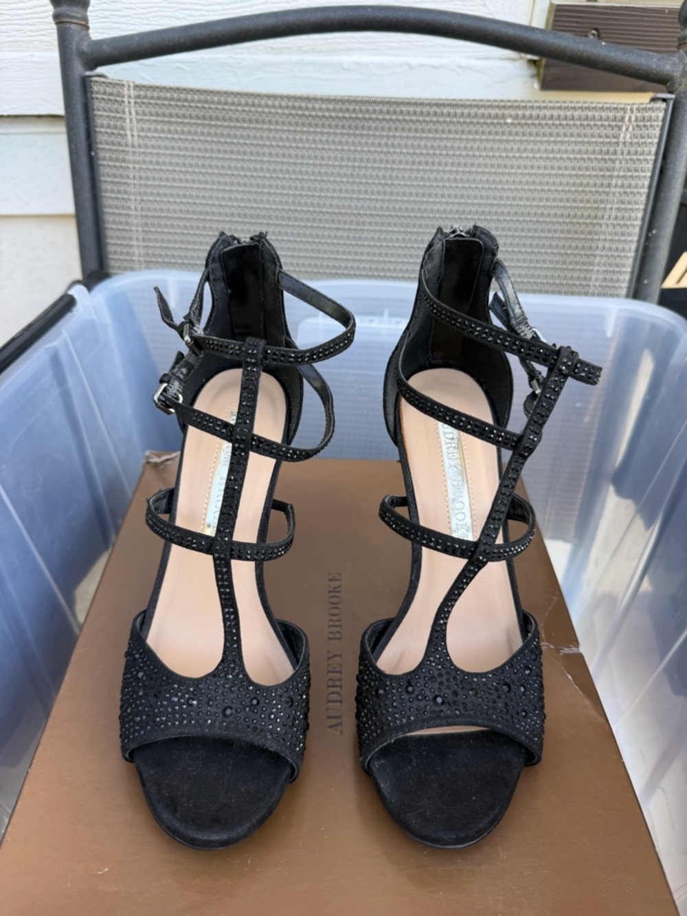 Audrey Brooke Black Strappy Rhinestone Heels